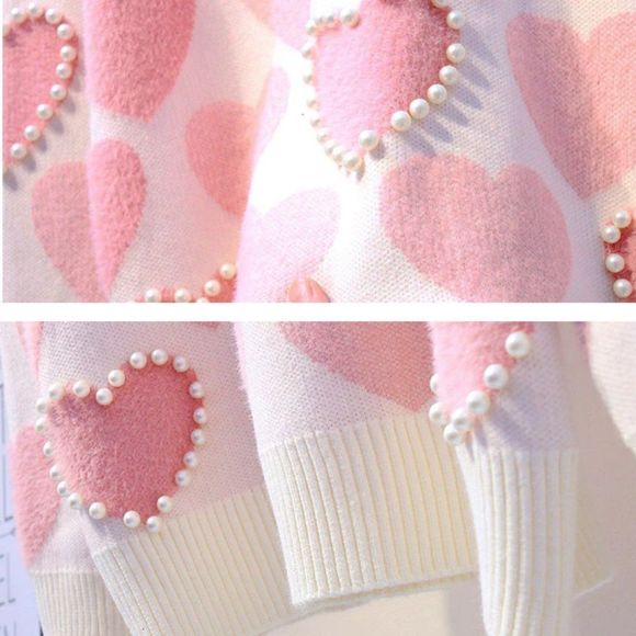 Pearl Beaded Heart Knit Turtleneck Sweater Pullover Women Top - Picture 7 of 10